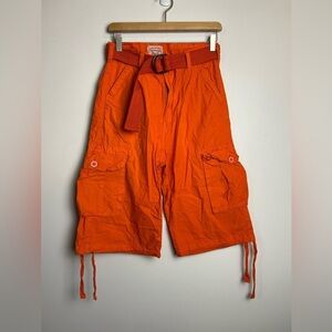 Escapism Mens Y2K Cargo Shorts 30 Bright Orange/Belt Baggy Street 100% Cotton